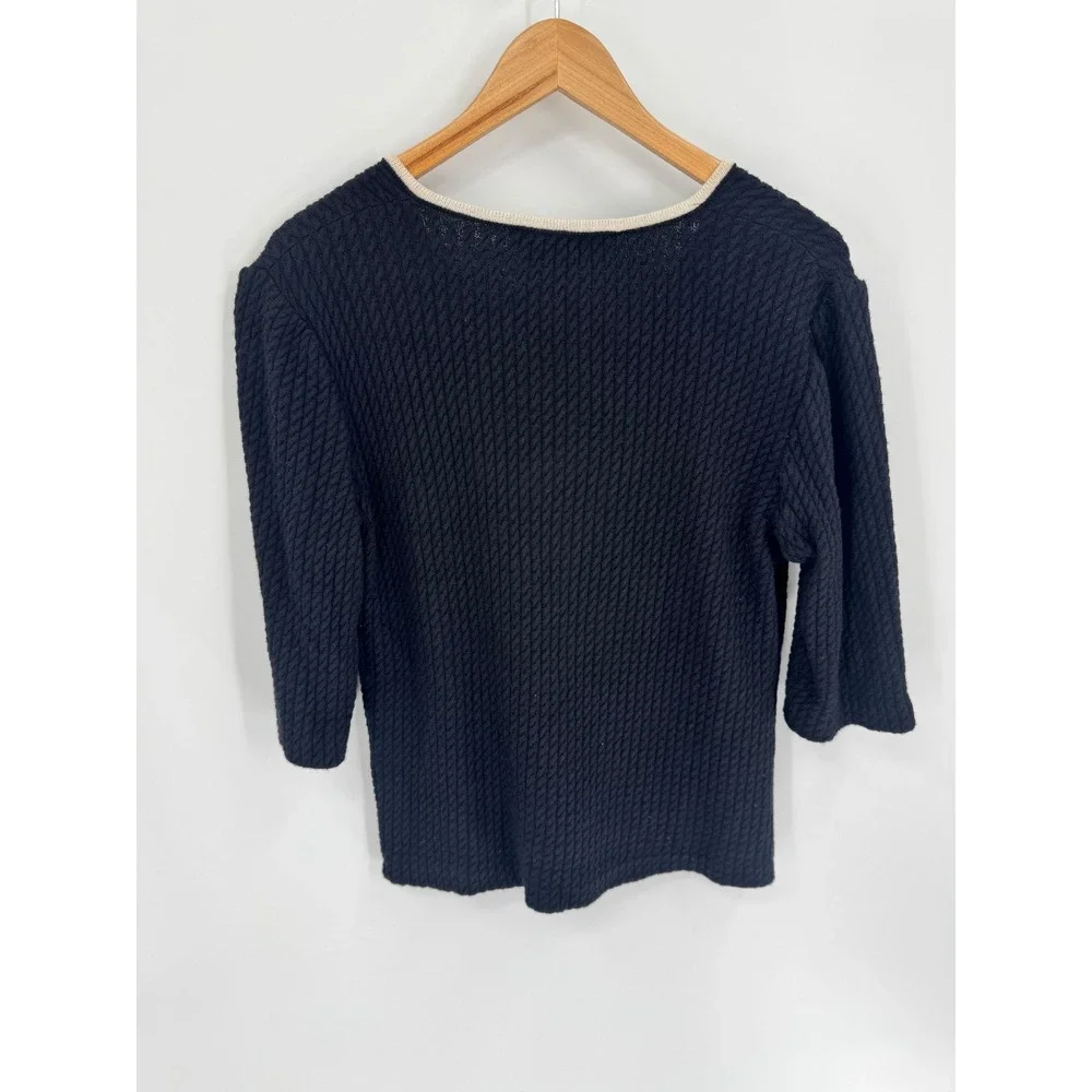 St. John Collection Knit Top Women‎ 10 Black V-Neck 3/4 Sleeve Textured Trim
